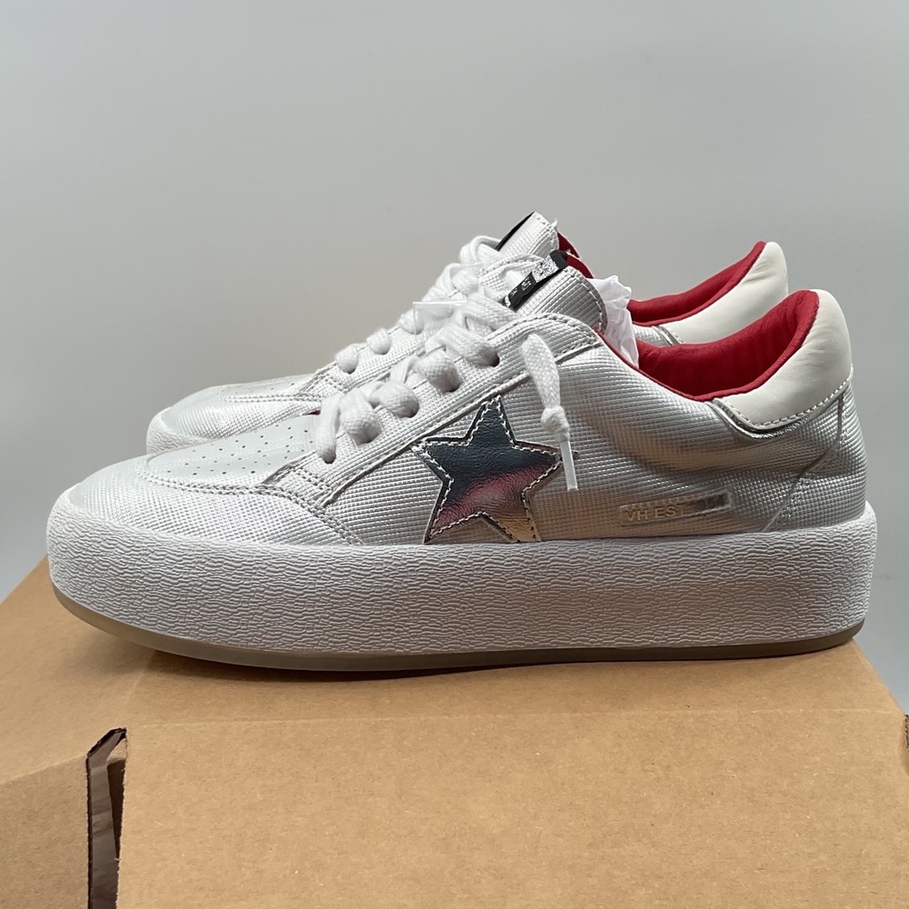 Vintage Havana Ream Women Silver Metallic Star Platform Sneakers White Red 10-11